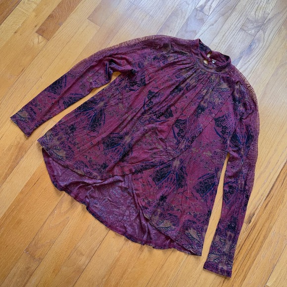 Free People Tops - Free People Mock Neck Shirt S Burgundy Boho High Low Tunic Top Long Sleeve Flowy